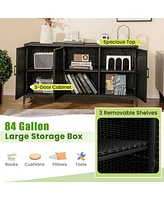 Gouun 84 Gallon Patio Wicker Deck Box 3-Door Pe Rattan Storage Container with Removable Shelves