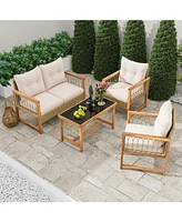 Gouun 4 Pieces Outdoor Patio Pe Wicker Conversation Bistro Set with Acacia Wood Frame