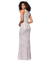 Xscape Petite High-Neck Sleeveless Lace Sheath Gown