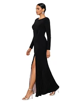 Xscape Women's Corset-Bodice Long-Sleeve Side-Slit Gown