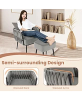 Gouun Modern Dutch Velvet Accent Chair and Ottoman Set with Weaved Back Arms