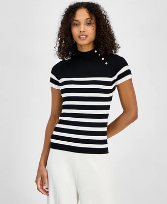 T Tahari Women's Striped Button-Trim Mock-Neck Sweater