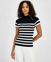 T Tahari Women's Striped Button-Trim Mock-Neck Sweater