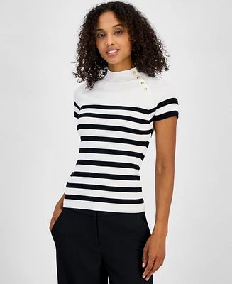 T Tahari Women's Striped Button-Trim Mock-Neck Sweater