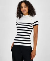 T Tahari Women's Striped Button-Trim Mock-Neck Sweater