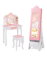 Costway Kids Vanity Set Princess Makeup Dressing Table & Chair with Jewelry Armoire