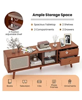 Costway Bamboo Tv Stand Console Table with Pe Rattan Door & 2 Drawers for up to 65"