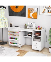 Costway Folding Sewing Table Charging Station Multifunctional Sewing Machine Cart Table