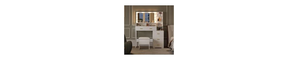 gaomon Vanity Desk with Mirror & Lights, Makeup Vanity Table with Large Drawers and 3 Level Storage & Tiers of Open Shelves