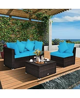 Gouun 4 Pcs Ottoman Garden Deck Patio Rattan Wicker Furniture Set Cushioned Sofa