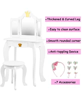 gaomon Kids Vanity Set, 2-in-1 Princess Makeup Table with Tri-Folding Mirror & Drawer, Stool, Toddler Vanity, Pretend Play Vanity Set for Kids