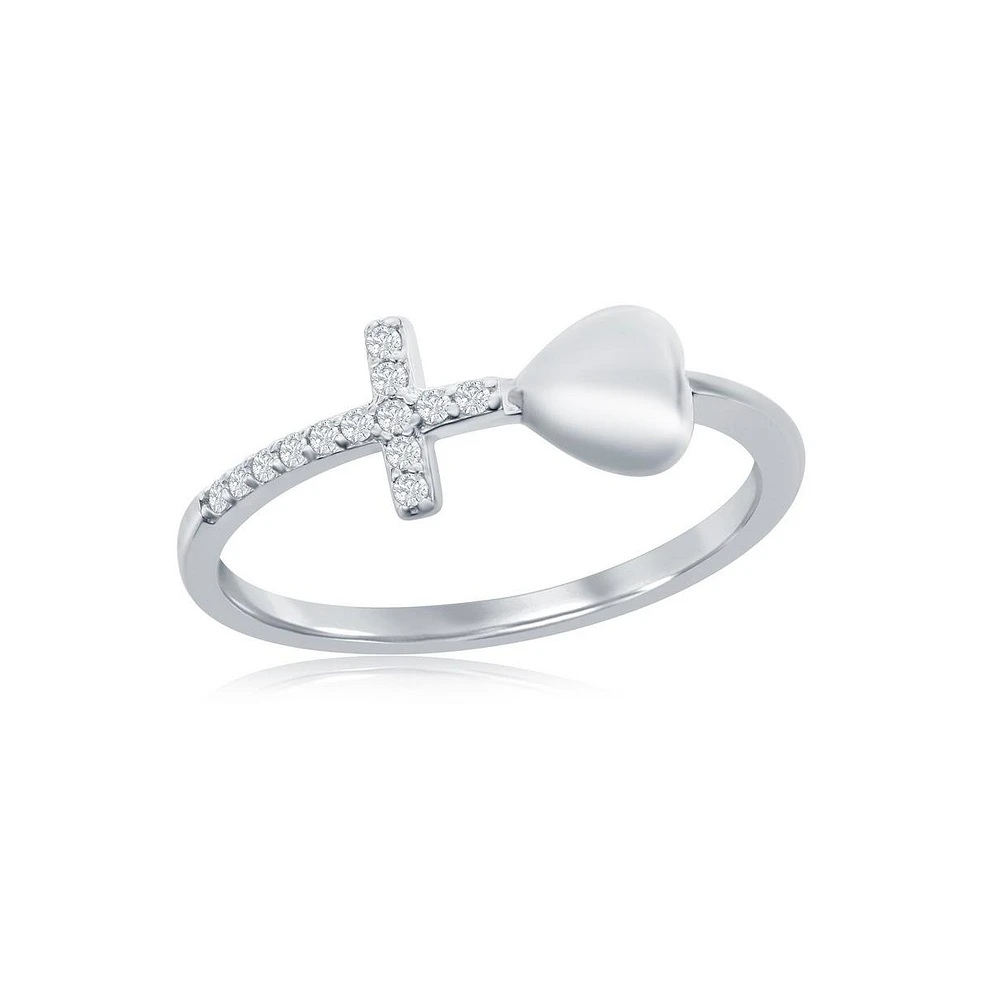 Simona Sterling Silver Heart & Cz Cross Ring