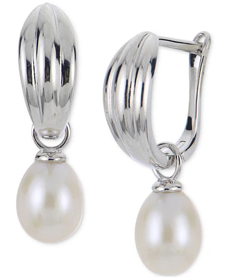 Cultured Freshwater Pearl (6-1/2-7mm) Charm Hoop Earrings in Sterling Silver