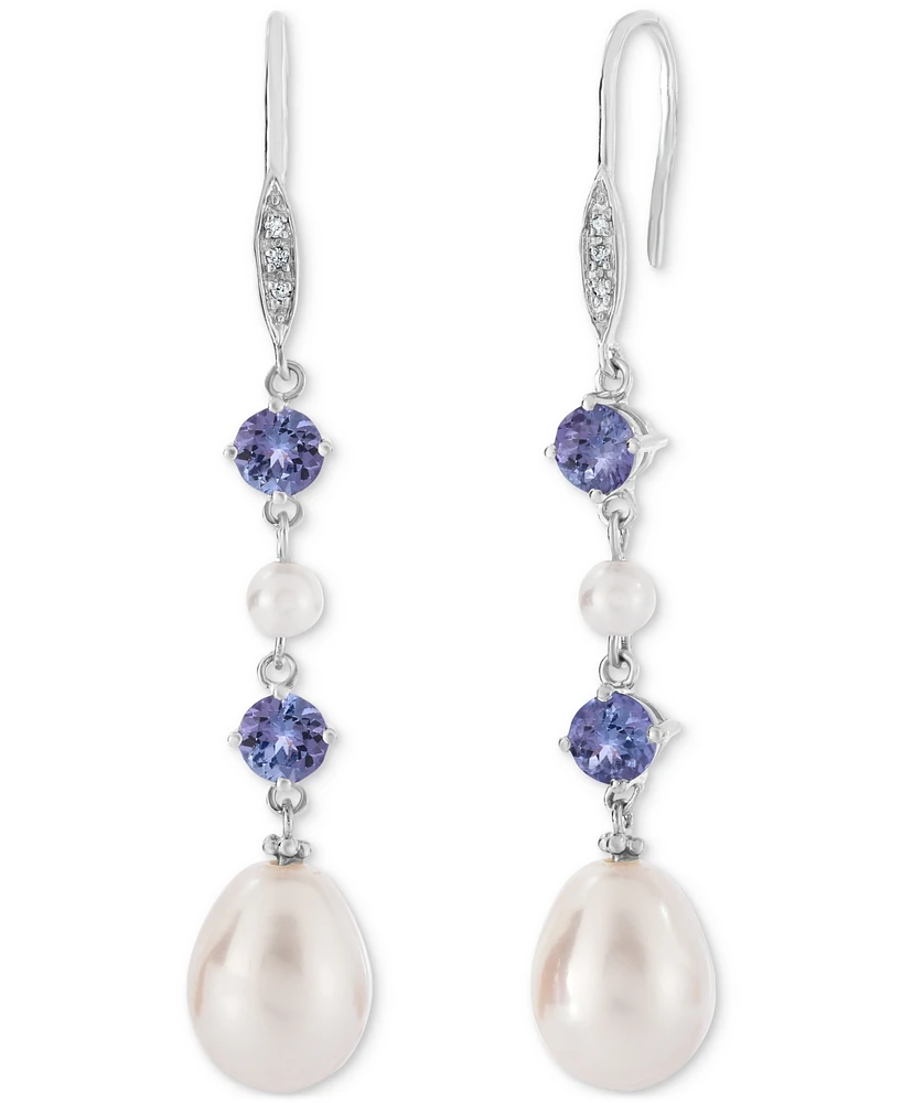 Tanzanite (1 ct. t.w.), Cultured Freshwater Pearl (3mm, 10x7mm) & Diamond Accent Linear Drop Earrings in Sterling Silver