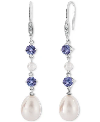 Tanzanite (1 ct. t.w.), Cultured Freshwater Pearl (3mm, 10x7mm) & Diamond Accent Linear Drop Earrings in Sterling Silver