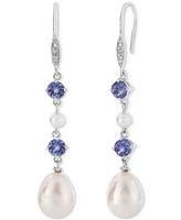 Tanzanite (1 ct. t.w.), Cultured Freshwater Pearl (3mm, 10x7mm) & Diamond Accent Linear Drop Earrings in Sterling Silver