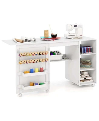 Costway Folding Sewing Table with Storage Shelves 2 Storage Bins & 18 Pegs Lockable Casters