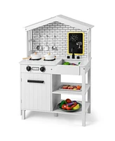 Sugift Kids Wooden Kitchen Play Set with Storage Shelves and Accessories