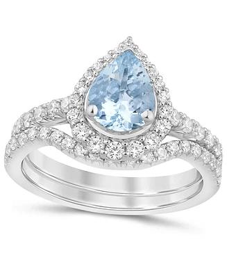 Aquamarine (1 ct. t.w.) & Diamond (3/4 Pear Halo Bridal Set 14k White Gold