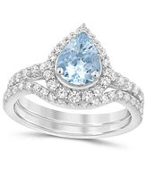 Aquamarine (1 ct. t.w.) & Diamond (3/4 Pear Halo Bridal Set 14k White Gold