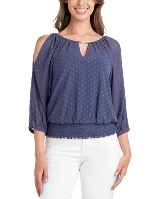 Bcx Juniors' Clip-Dot Cold-Shoulder Keyhole Blouse