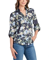 Bcx Juniors' Floral-Print Roll-Tab-Sleeve Collar Top