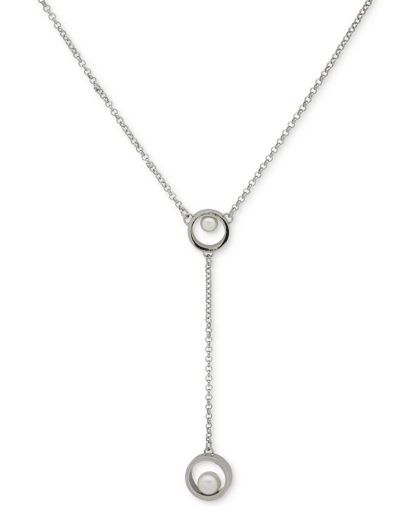 Karl Lagerfeld Paris Silver-Tone Imitation Pearl Circle Link Lariat Necklace, 16" + 3" extender