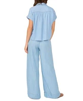 1.State Womens Chambray Johnny Collar Top Chambray Drawstring Wide Leg Pants