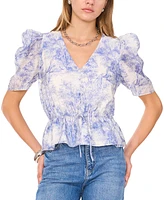 1.state Women's Printed Puff-Sleeve Peplum Top