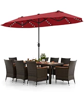Gouun 11 Pieces Patio Dining Set with 15 Feet Double-Sided Patio Umbrella and Base-Wine