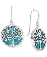 Turquoise Inlay Polished Tree Disc Drop Earrings in Sterling Silver