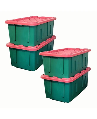 Homz Durable 27 Gallon Heavy Duty Holiday Storage Tote, Green/Red, (4 Pack