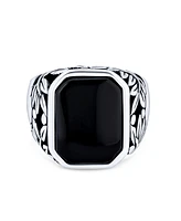 Bling Jewelry Leaf Vine Accent Black Rectangle Natural Onyx Signet Ring