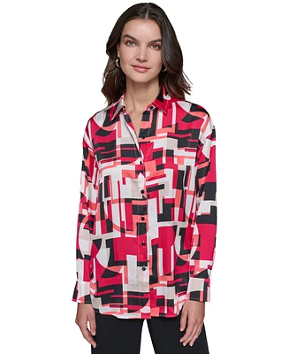 Karl Lagerfeld Paris Women's Satin Printed Oversized Button-Front Top