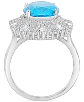 Blue & White Cubic Zirconia Mixed Cut Halo Statement Ring Sterling Silver