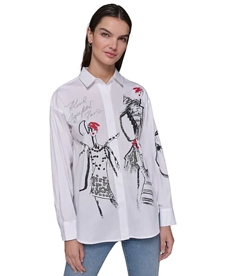 Karl Lagerfeld Paris Women's Cotton Poplin Sketch Girl Button-Front Top