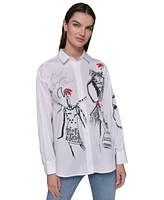 Karl Lagerfeld Paris Women's Cotton Poplin Sketch Girl Button-Front Top