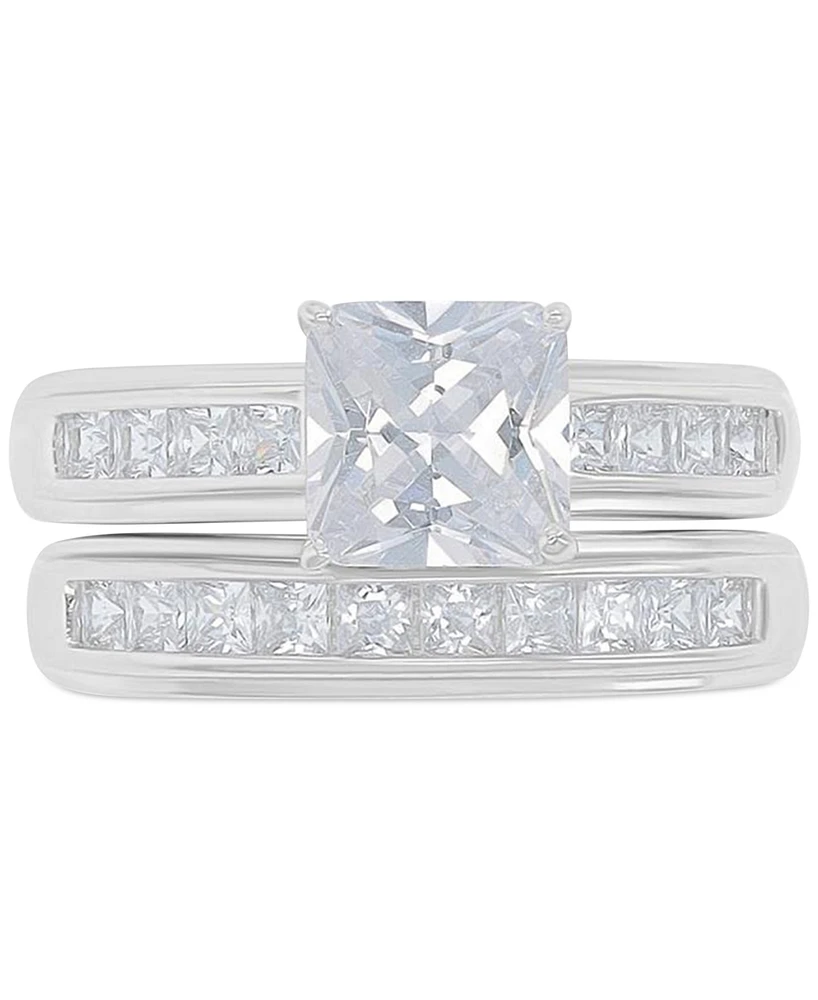 Cubic Zirconia Princess Cut Channel Bridal Set Sterling Silver