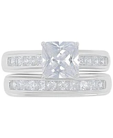 Cubic Zirconia Princess Cut Channel Bridal Set Sterling Silver