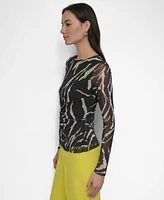 Dkny Petite Printed Mesh Long-Sleeve Top