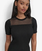 Dkny Petite Mesh-Trim Ribbed Knit Top