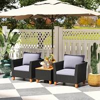 Costway 3 Pcs Patio Rattan Furniture Set Cushioned Sofa Storage Table with Wood Top