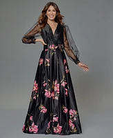 Betsy & Adam Women's Organza-Sleeve Floral Belted Gown