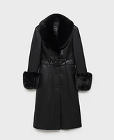 Mango Women's Fur-Effect Trim Leather-Effect Coat