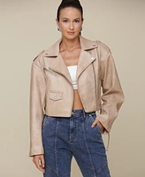 Avec Les Filles Women's Wide-Shoulder Cropped Biker Jacket