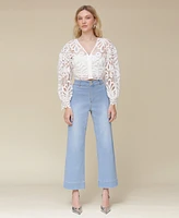 Avec Les Filles Women's V-Neck Cropped Puff-Sleeve Shirt
