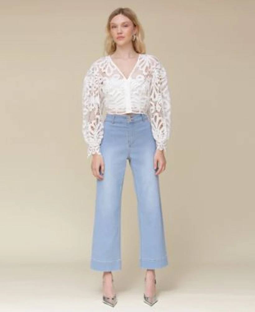 Avec Les Filles Womens Cropped Puff Sleeve Shirt Wide Leg Jeans