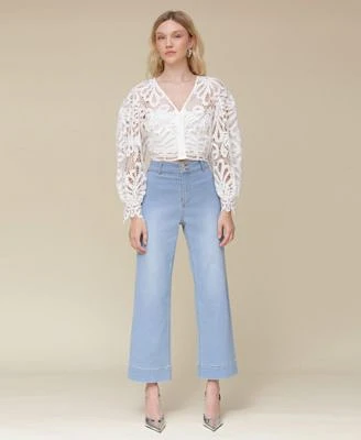 Avec Les Filles Womens Cropped Puff Sleeve Shirt Wide Leg Jeans
