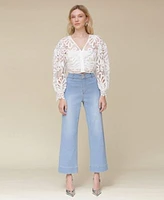 Avec Les Filles Womens Cropped Puff Sleeve Shirt Wide Leg Jeans
