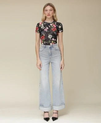 Avec Les Filles Womens Floral Print Fitted T Shirt Cuffed High Rise Wide Leg Jeans